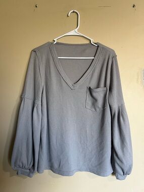 Light Gray Waffle Knit V-Neck Pullover Ballon Sleeves